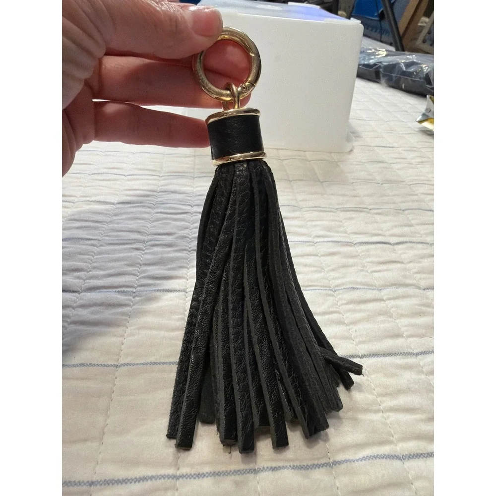 Black Leather Tassel Keychain Gold Tone Bag Charm Fringe Accessory